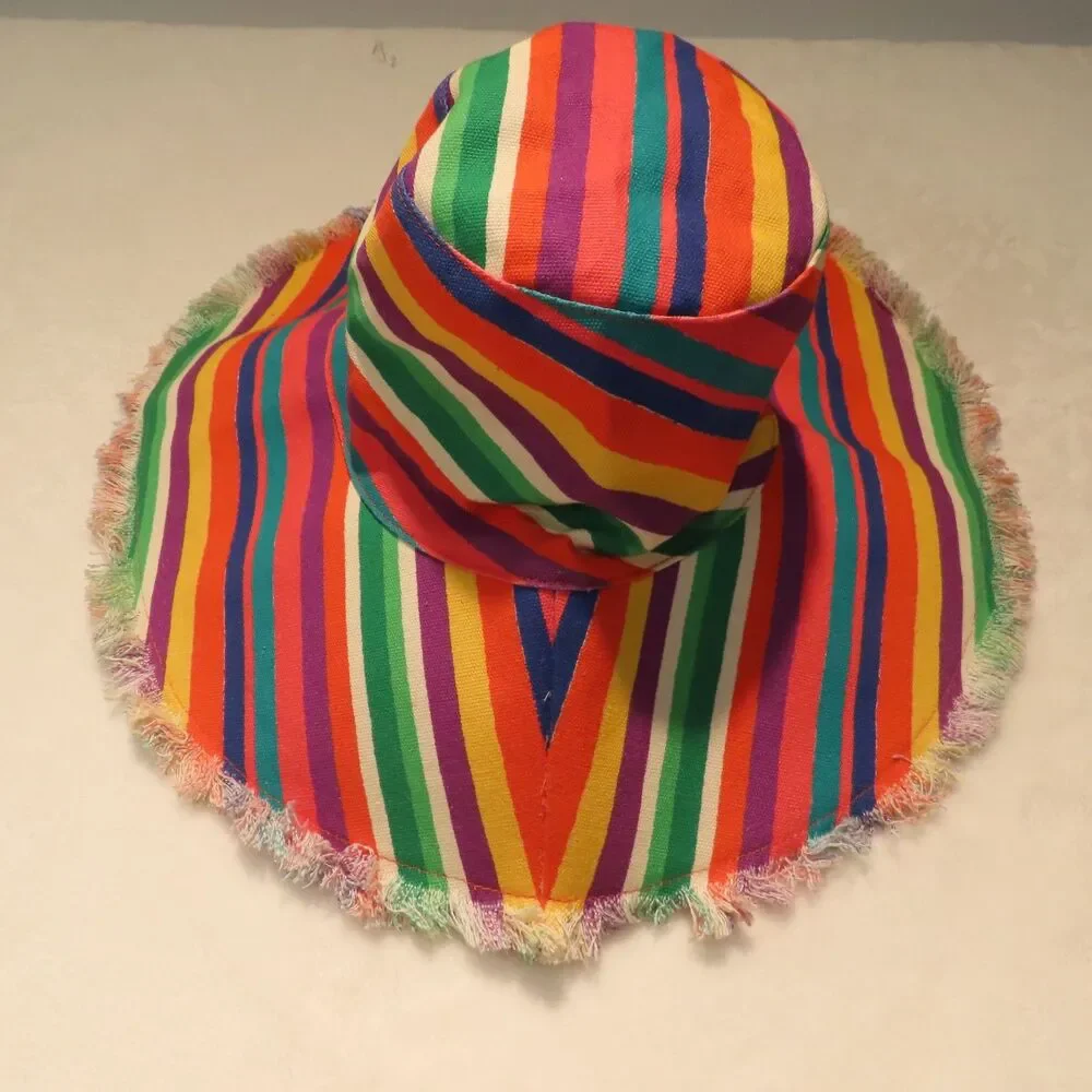 Frances Valentine Sun Hat Womens Multicolored Striped Cotton Fringe Brim
